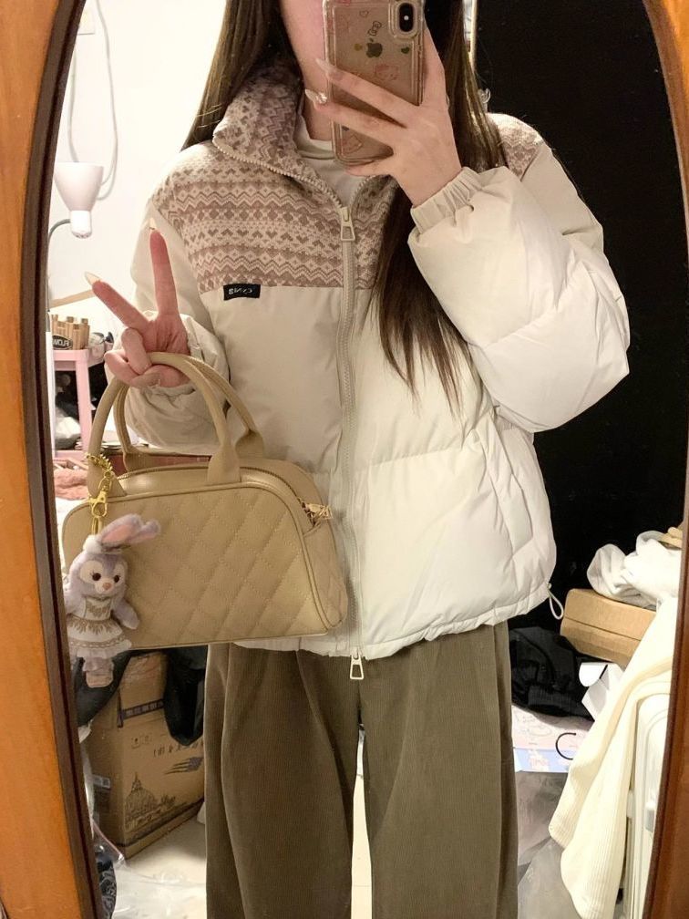 羽绒服服韩版针织撞色拼接服外套女冬季新款学生宽松袄加厚保暖面