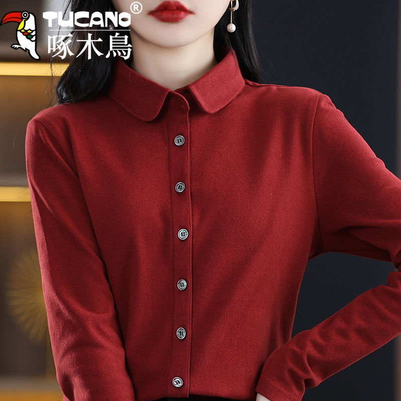 啄木鸟双面德绒衬衫内搭秋冬加厚款保暖长袖打底衬衣女士外穿开衫