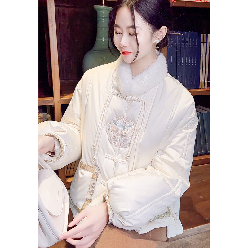 进口水貂毛+刺绣~新中式短款羽绒服女冬季立领90白鹅绒服国风外套