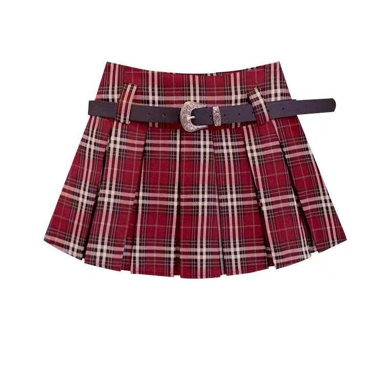 红格子百褶半身裙女春小个子美式复古学院风a字高腰蛋糕半裙短裙