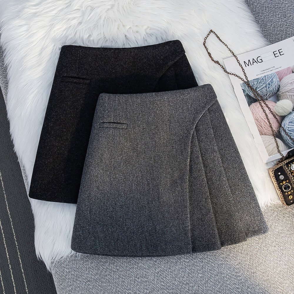  高级感灰色加厚毛呢a字半身裙秋冬2025新款高腰不规则百褶裙短裙