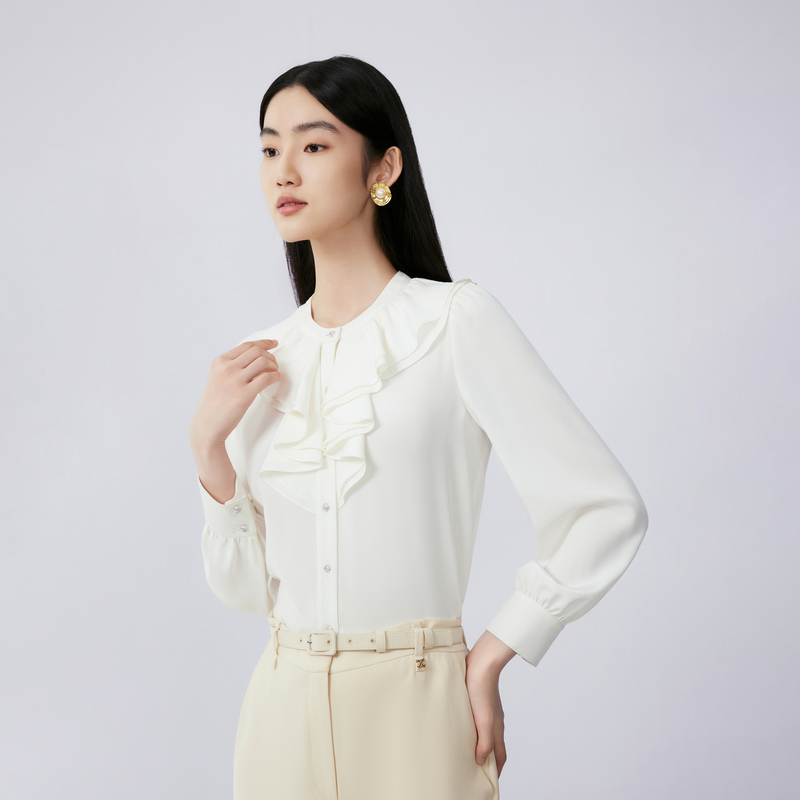 LIME/莱茵【冬姐精选】荷叶边优雅小众梭织衬衫本白色LMFC7BWBL001