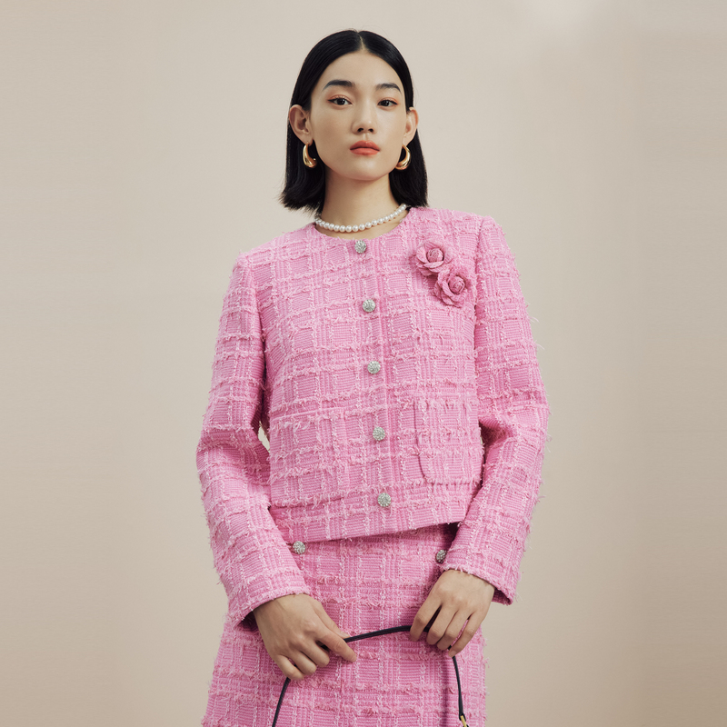 LIME/莱茵【可可专属】冬季甜美玫瑰花呢上衣亮粉色LMFD9ACCJK51