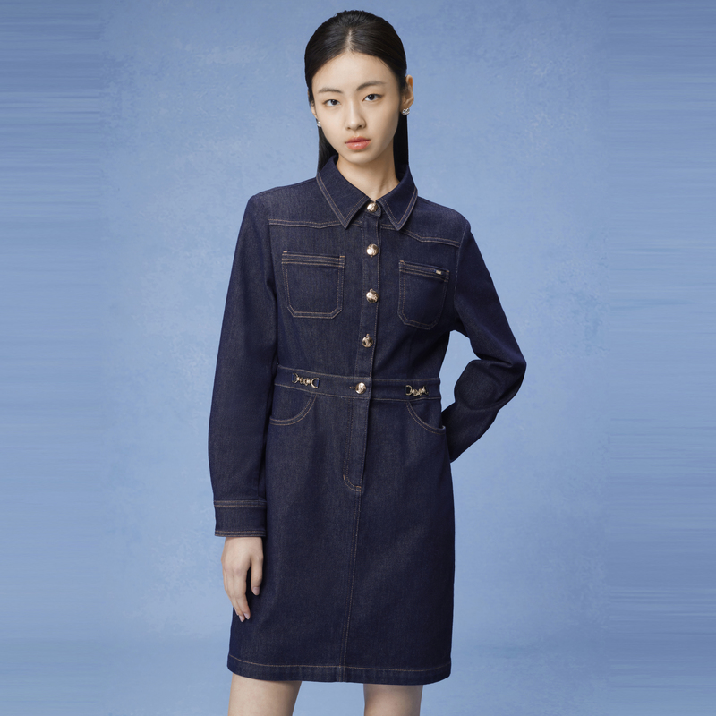 LIME/莱茵【邱莹莹专享】春秋翻领复古牛仔连衣裙藏蓝LMEC8ADOP801