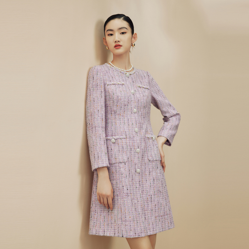 LIME/莱茵长袖香风粗花呢连衣裙紫色LDFD8BCOP802