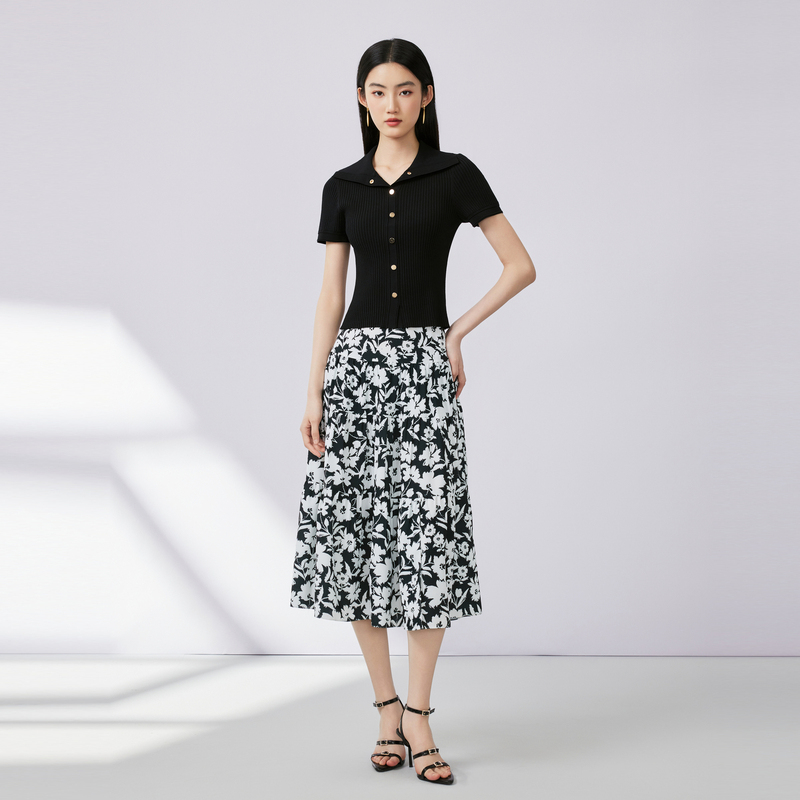 【粉丝专属】季肌理感黑白撞色虞美人花稿半裙黑色LDFC6BWSK803