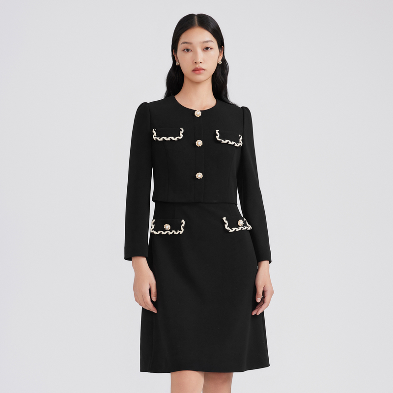 LIME/莱茵LIME/莱茵香风假两件梭织连衣裙黑LMFA2BWOP804