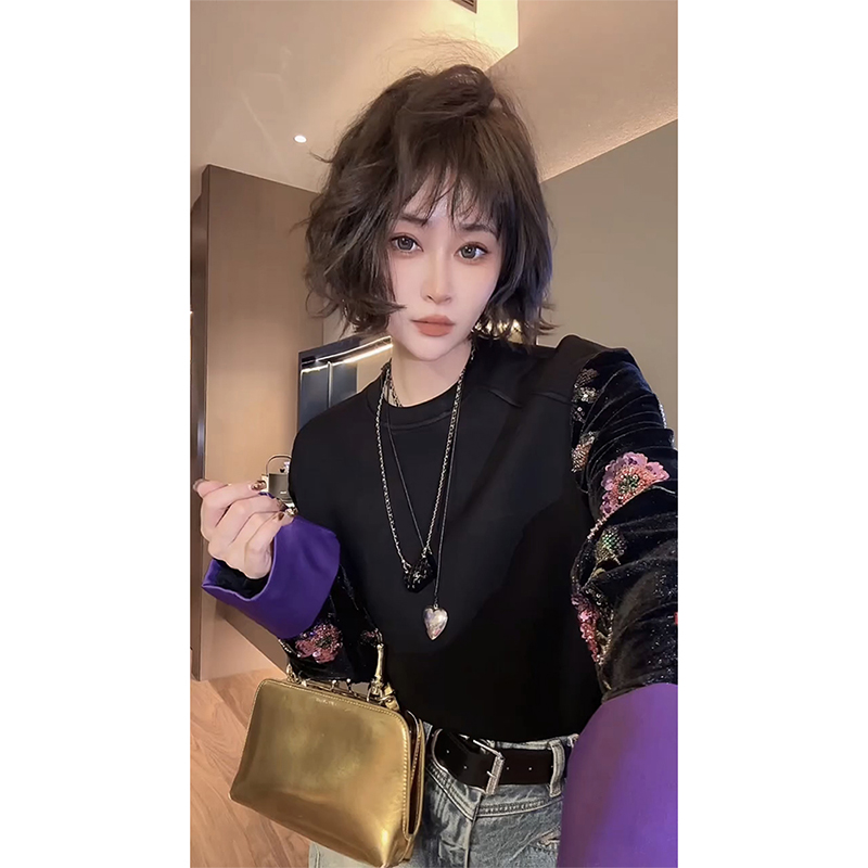 新中式2025秋季新款高级感拼接亮片圆领卫衣女显瘦洋气国风上衣潮