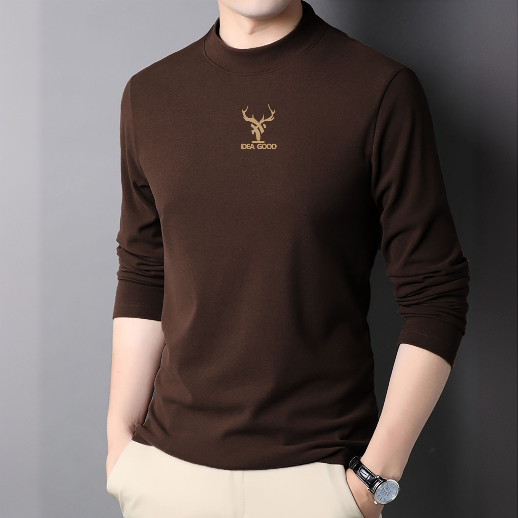 半高领男士休闲打底衫德绒长袖t恤秋衣新款秋冬加绒保暖内搭上衣