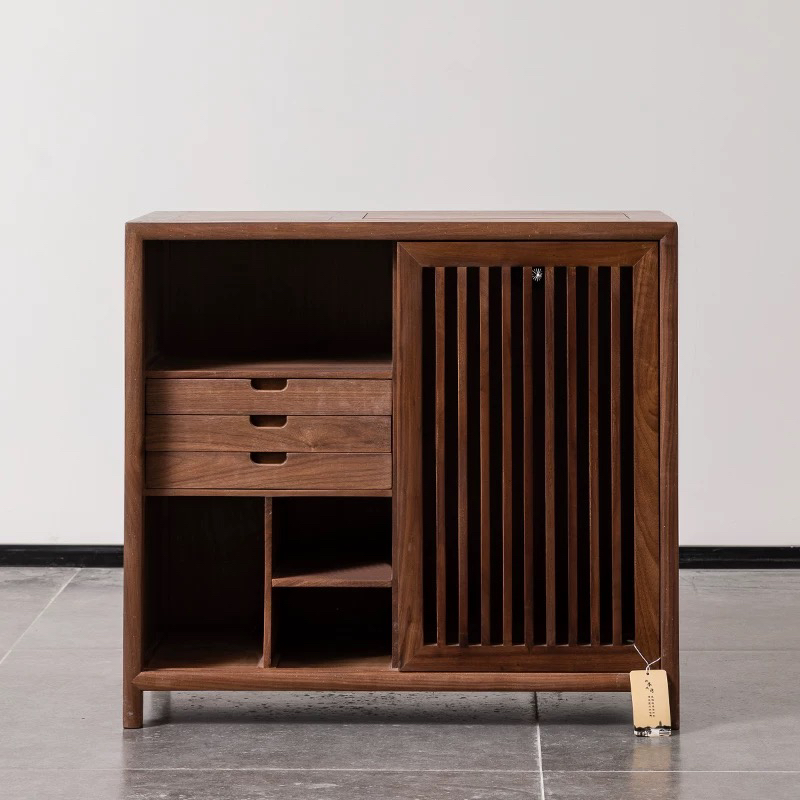 新中式储物柜茶柜客厅实木茶水柜黑胡桃木茶边柜移动置物收纳柜