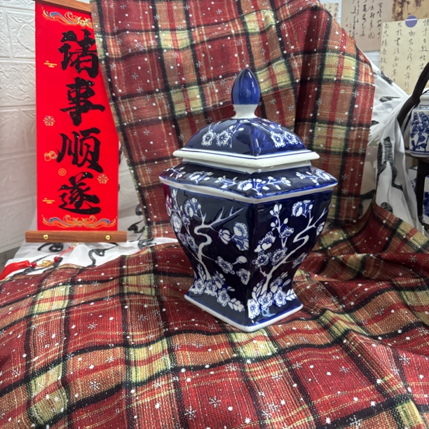 青花瓷茶叶罐将军罐复古陶瓷茶道配件茶叶收纳罐防潮储茶罐密封罐