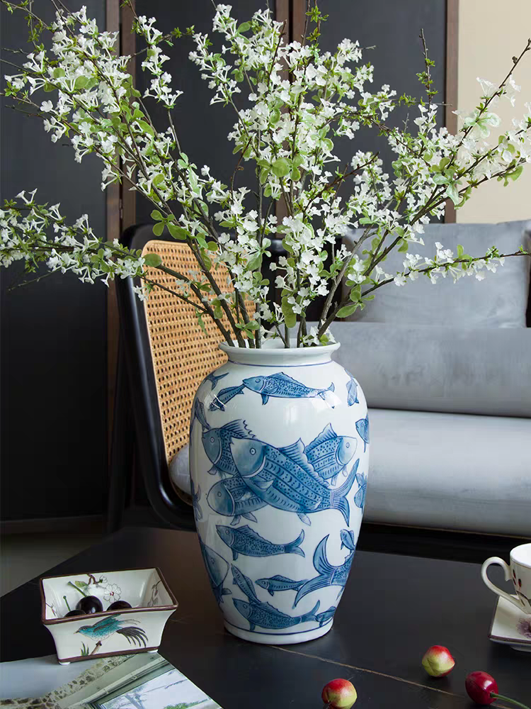 新中式陶瓷花瓶百鱼争游萝卜瓶摆件