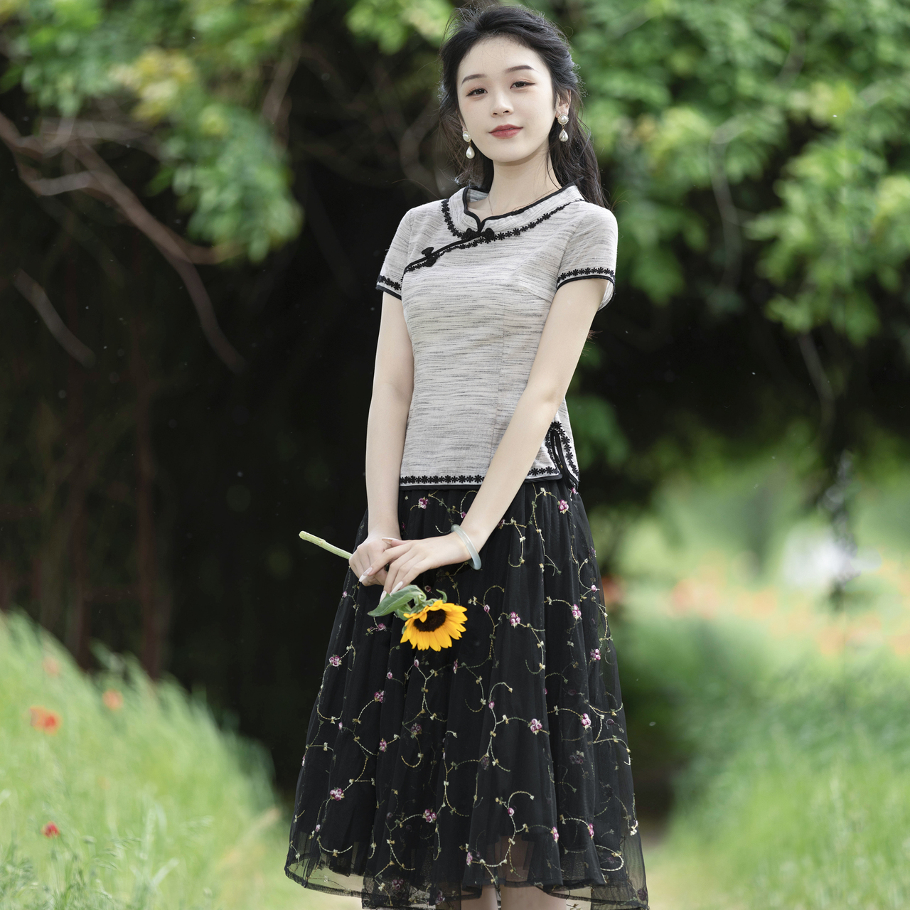 烟花烫国风复古套装女 2025夏季文艺时尚气质上衣半身裙 红久萝素