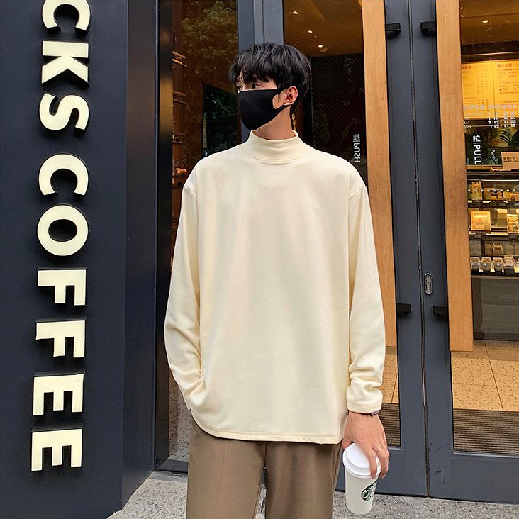 秋冬新款德绒半高领纯色内搭打底衫重磅长袖男士潮牌内搭宽松上衣