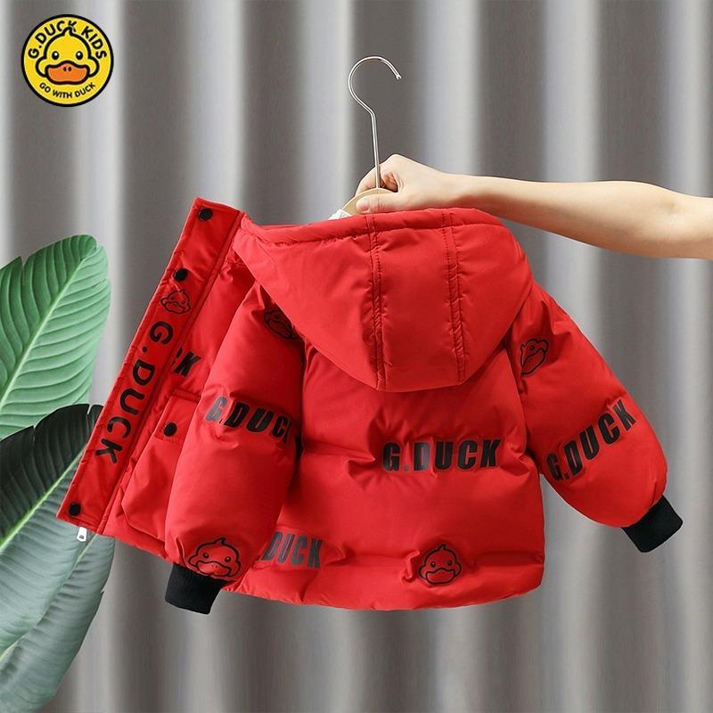 小黄鸭男孩年服男童连帽棉衣2024冬季新款儿童红色加棉加厚保暖潮
