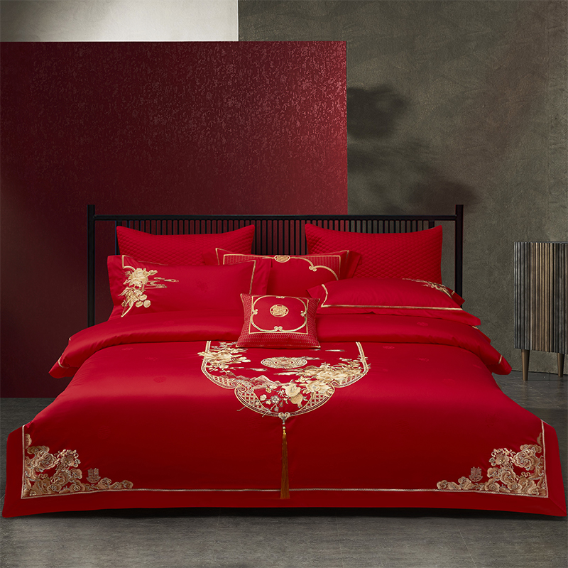 思辰家纺婚庆四件套高档全棉刺绣花被套结婚十件套大红色床上用品