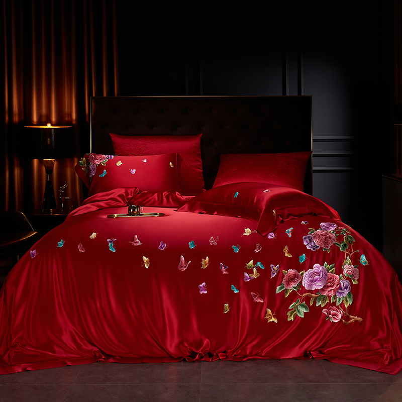 思辰家纺纯手工刺绣真丝四件套高端大红色结婚100%桑蚕丝床上用品