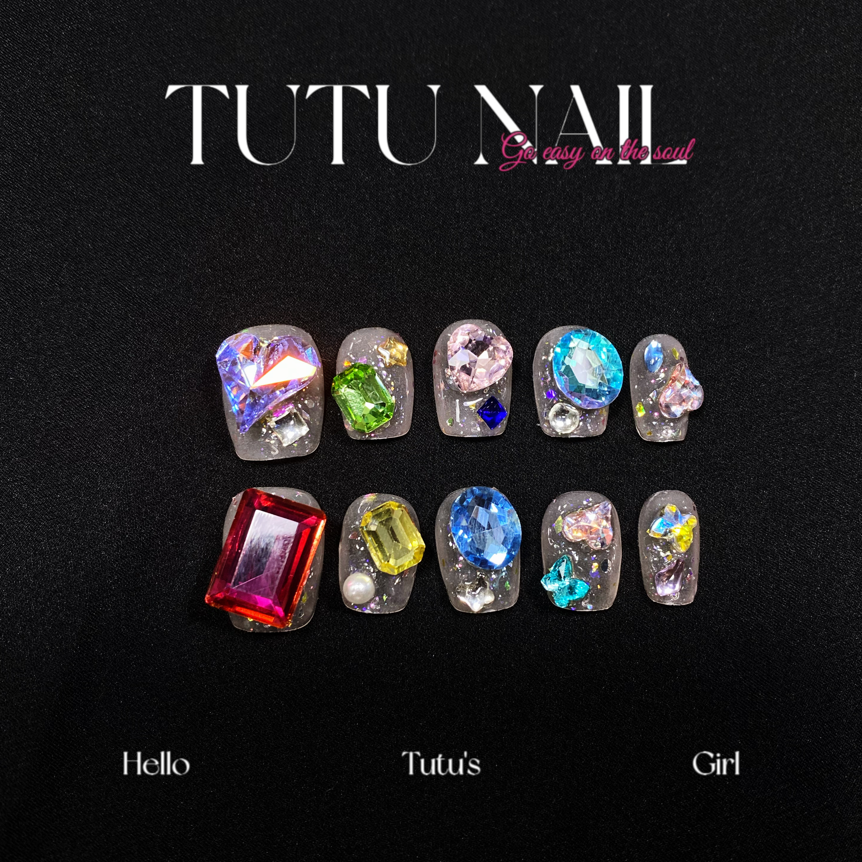 【灭霸】TUTU NAIL手工穿戴甲可拆卸美甲奢华短T彩色红蓝绿黄粉紫
