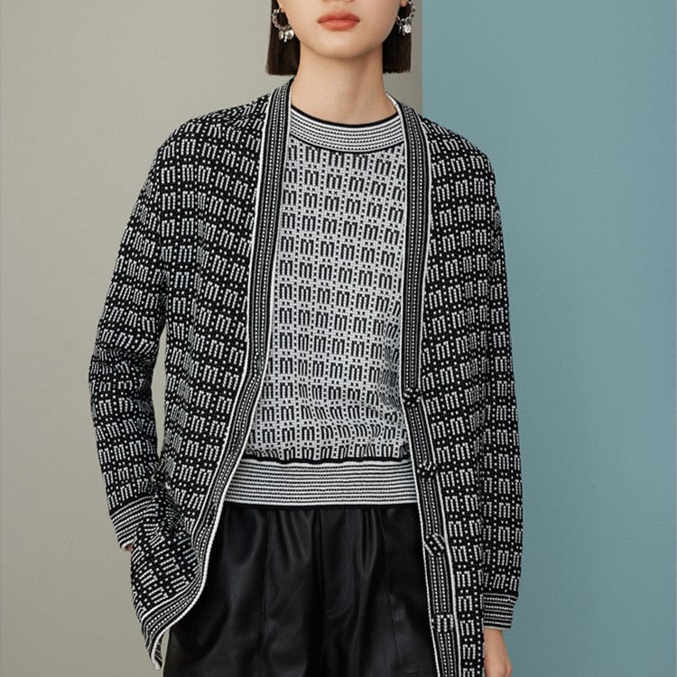 【小余专属】曼德诗毛衣开衫休闲格纹条纹黑白复古针织