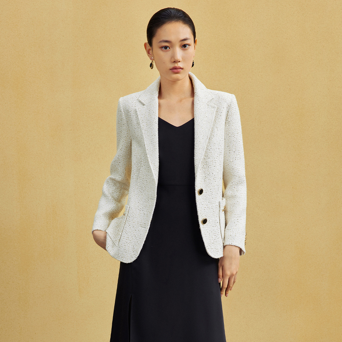 绵羊毛香风编织西服女2023冬季气质长袖短款外套