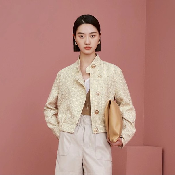 【辛小北专属】米色短外套女春复古粗花呢立领单排扣编织小香夹克