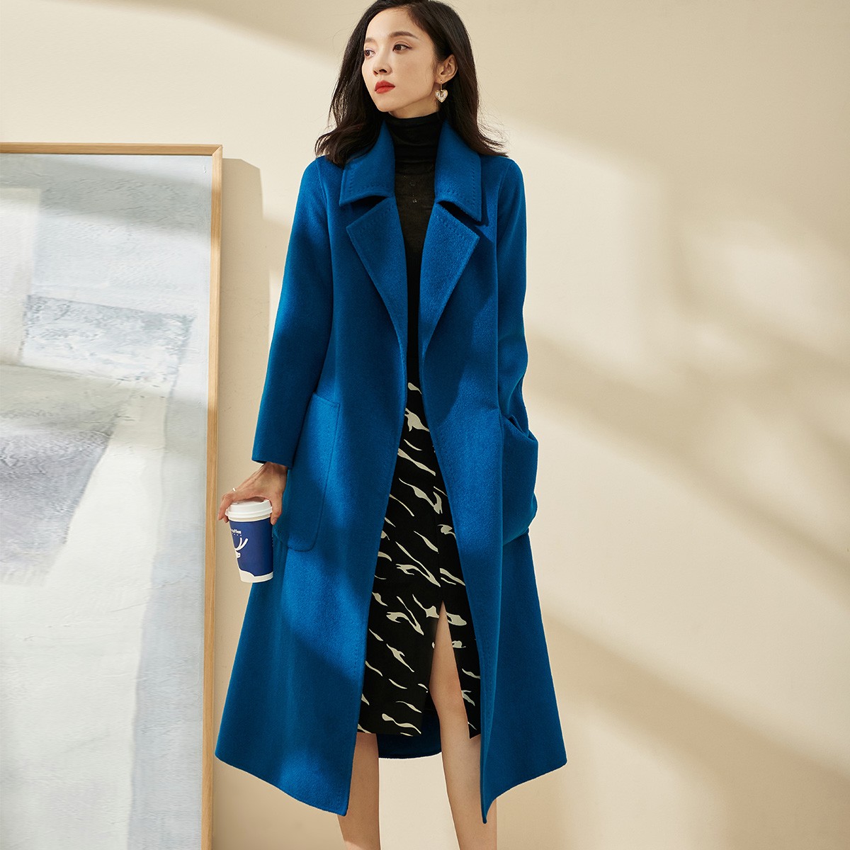 米思阳双面呢气质翻领大口袋设计中长款羊毛大衣5H21DZ1550