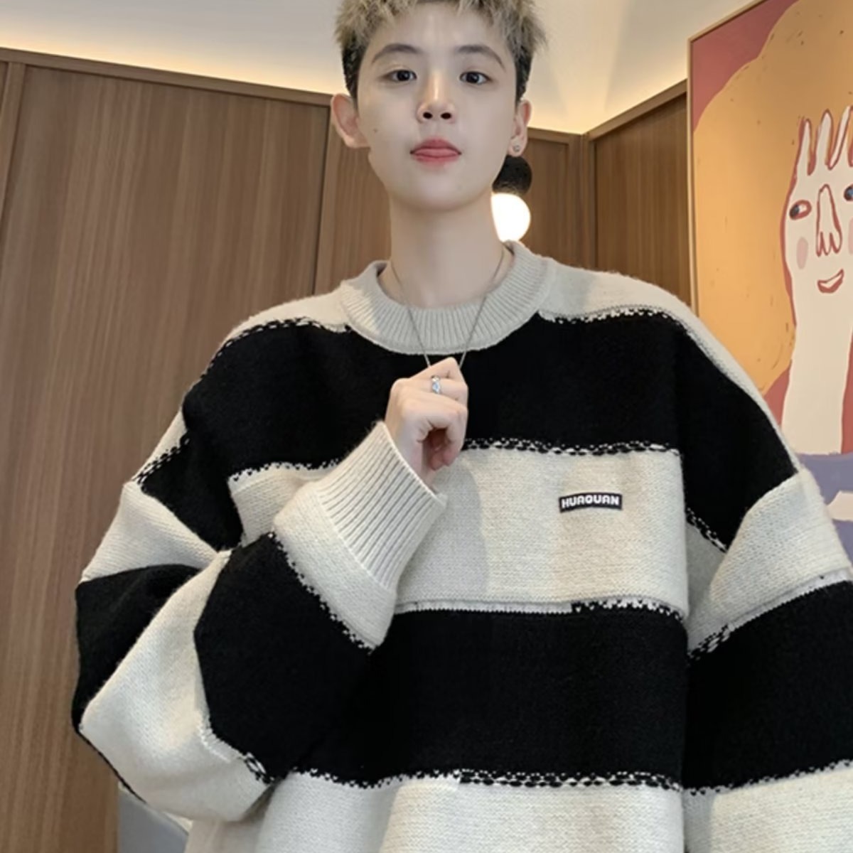 日系撞色条纹圆领毛衣男士秋冬季慵懒风宽松青少年休闲打底针织衫