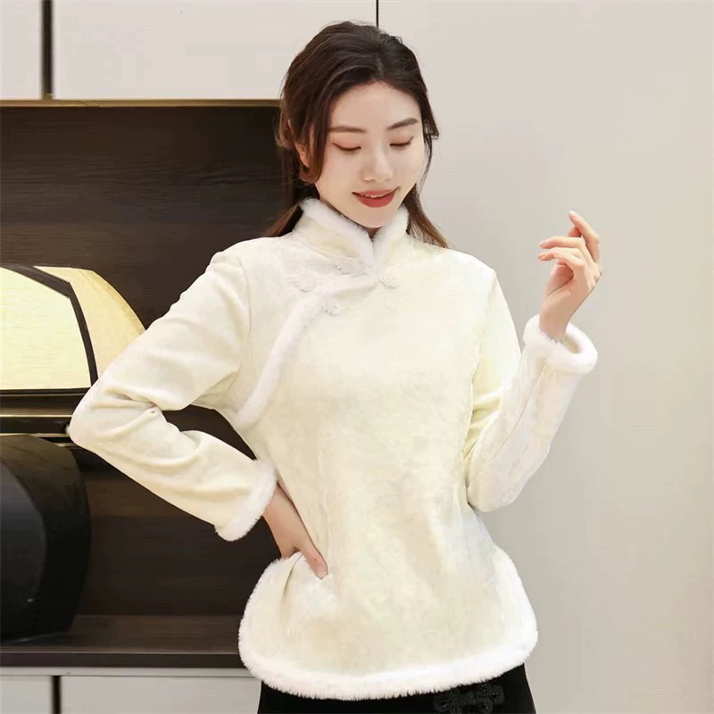 民族风加绒旗袍上衣女复古盘扣保暖小衫洋气中式唐装打底衫