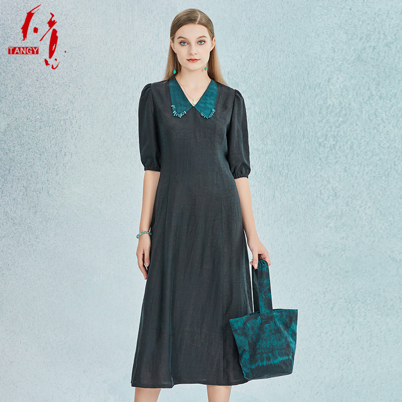 TANGY/天意年春夏商场新款国风撞色钉珠复古莨绸女连衣裙 2222802