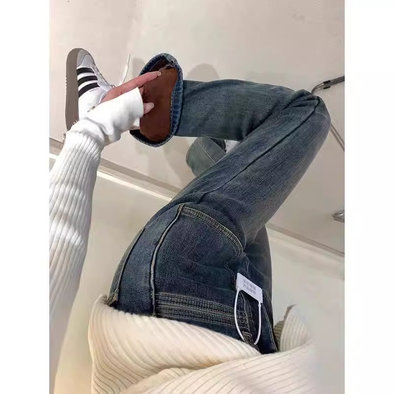 大码微喇牛仔裤女秋冬季加绒加厚胖妹妹mm显瘦高腰弹力复古喇叭裤