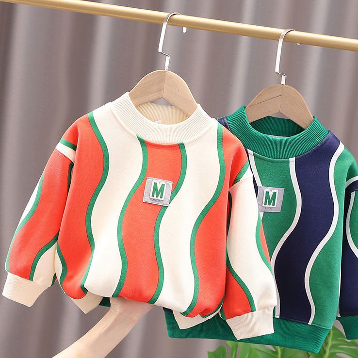 【森林】儿童加绒卫衣2024冬季新款男女保暖一体绒长袖条纹打底衫