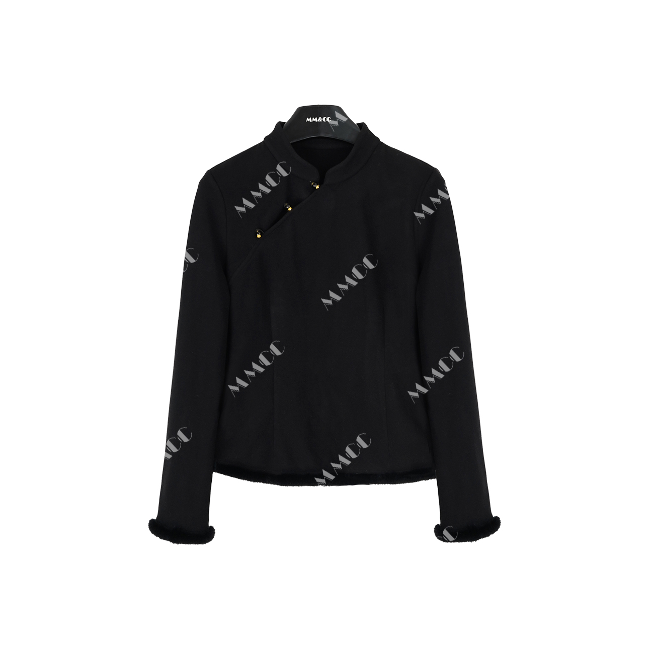 仫赐【初奚】新中式国风斜襟磨毛衬衫女秋冬加绒水貂毛上衣F9910