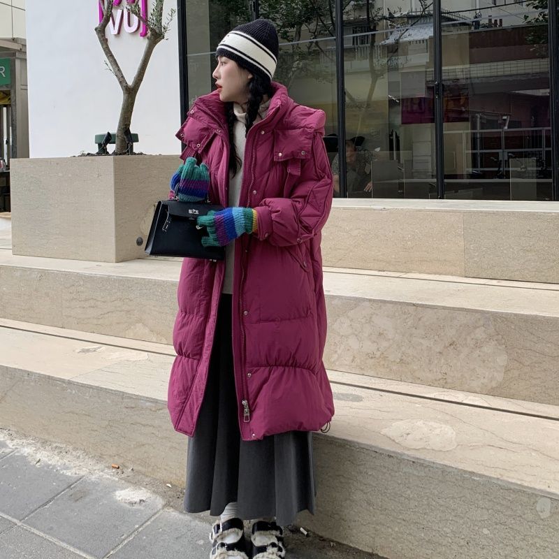 火龙果色服女冬季2023新款过膝中长款连帽时尚美拉德加厚外套