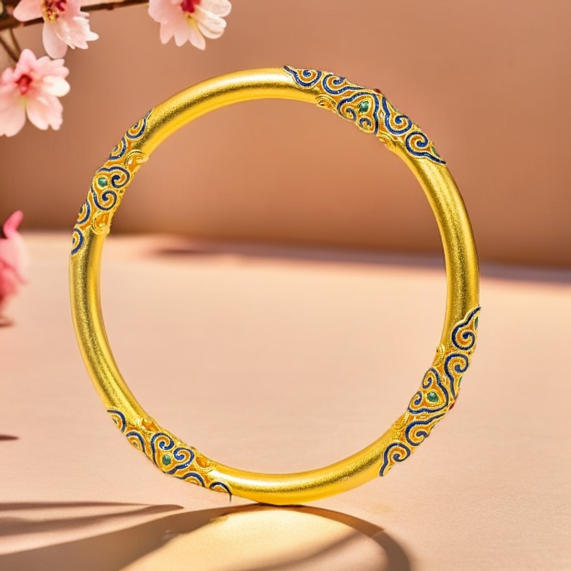 足银手镯 轻奢时尚 潮流百搭 珐琅彩祥云手镯 女款复古 简约国风 