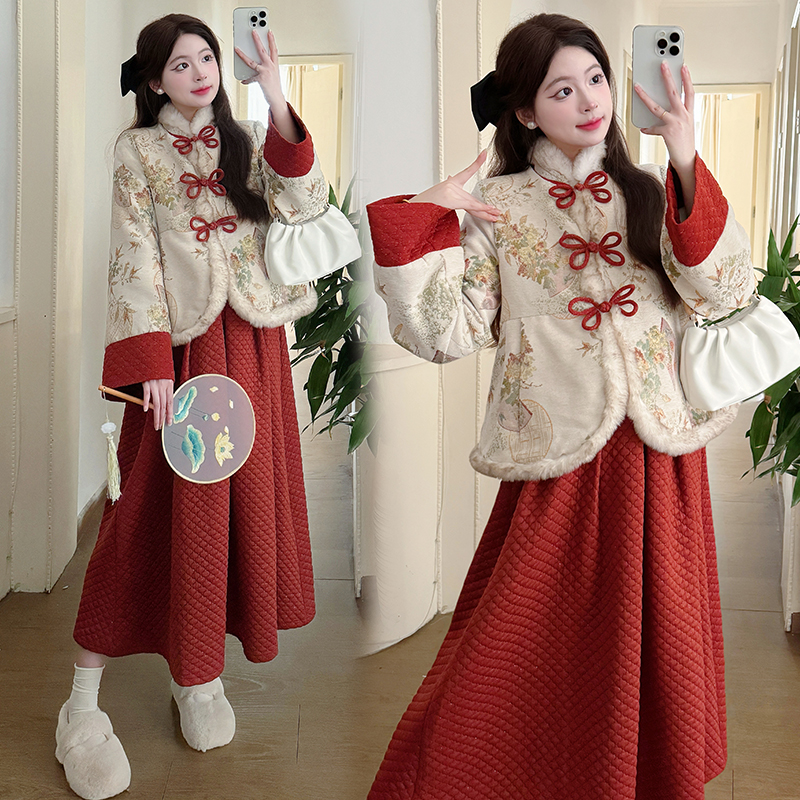 孕妇秋冬过年战袍新中式国风小个子半身裙加绒加厚红色外套两件套