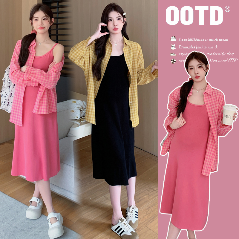 实拍现货2025早秋新品孕妈复古格子长袖衬衣＋针织吊带裙两件套