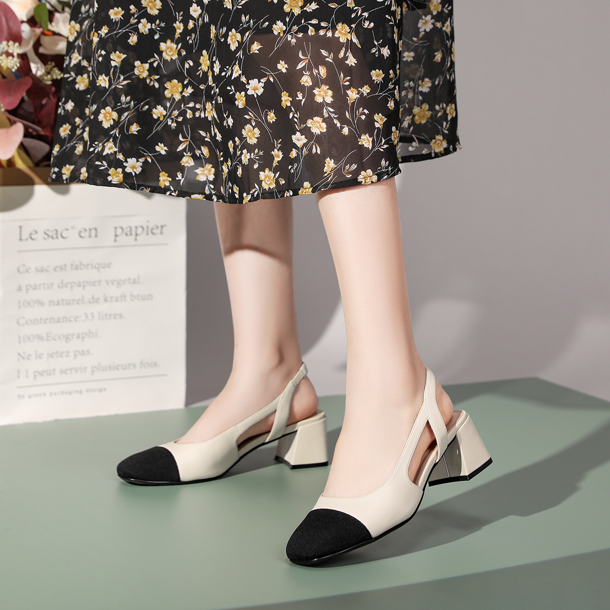 沙驰 小香风中后空凉鞋舒适粗跟通勤女单鞋