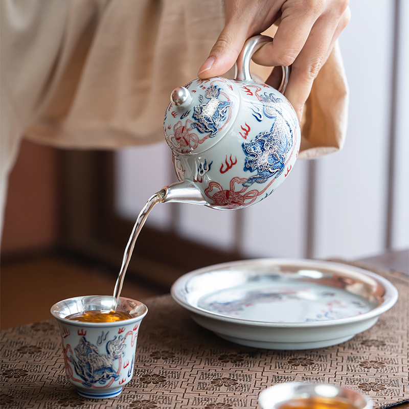 郑文强老师龙年中式鎏银功夫茶具套装高端银壶茶杯一壶两杯送长辈