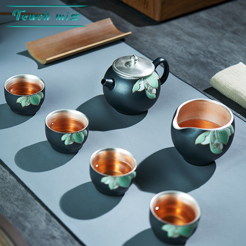 TOUCH MISS鎏银茶壶茶具套装家用功夫银茶杯陶瓷泡茶壶礼品盒套装