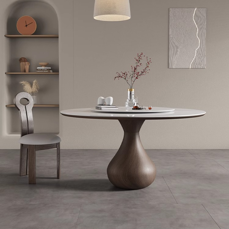 中古风实木圆形餐桌家用复古高端现代简约饭桌亮光岩板圆桌吃饭桌