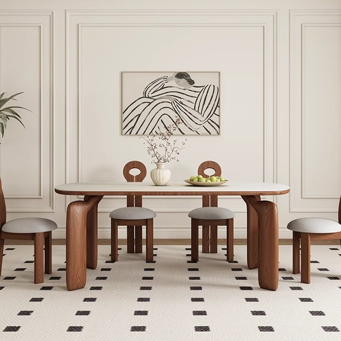 大象腿岩板餐桌胡桃小户型北欧现代简约奶油风岩板实木餐桌家用