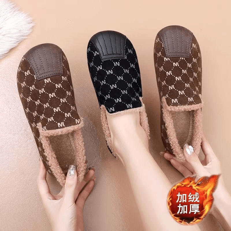 加绒加厚豆豆鞋女士一脚蹬老北京懒人家居鞋子保暖平底毛毛棉鞋