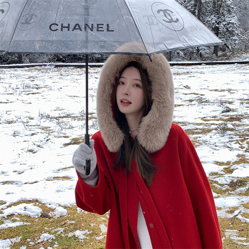 2023冬新小魔女双面羊绒大衣狐狸毛领连帽羊毛呢外套