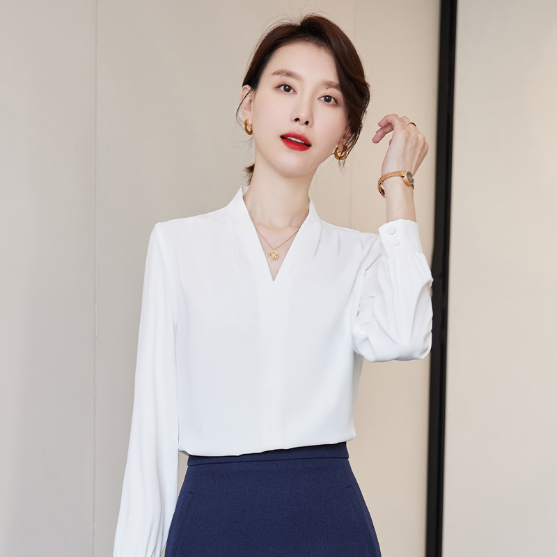 SHILUYA/诗璐雅白衬衫长袖V领新款修身显瘦女神范职业西装打底衫