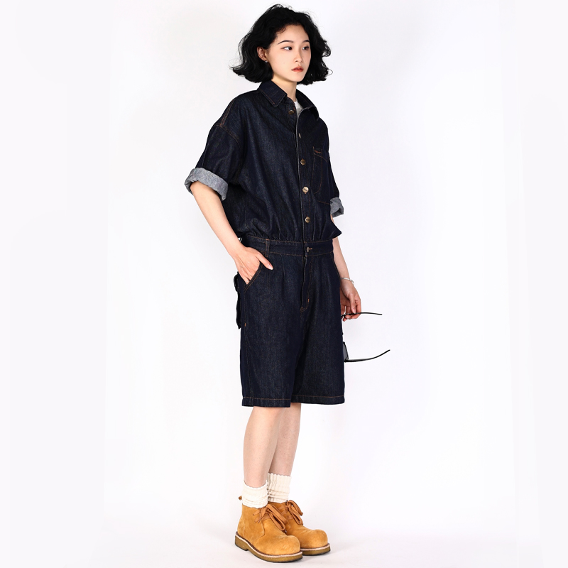 GECKOGOGO美式收腰大口袋连体工装短裤【青蓝冰水】