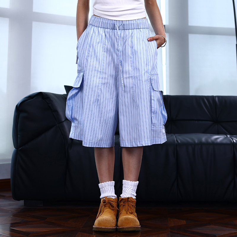 GECKOGOGO美式复古休闲条纹短裤宽松慵懒阿罗裤