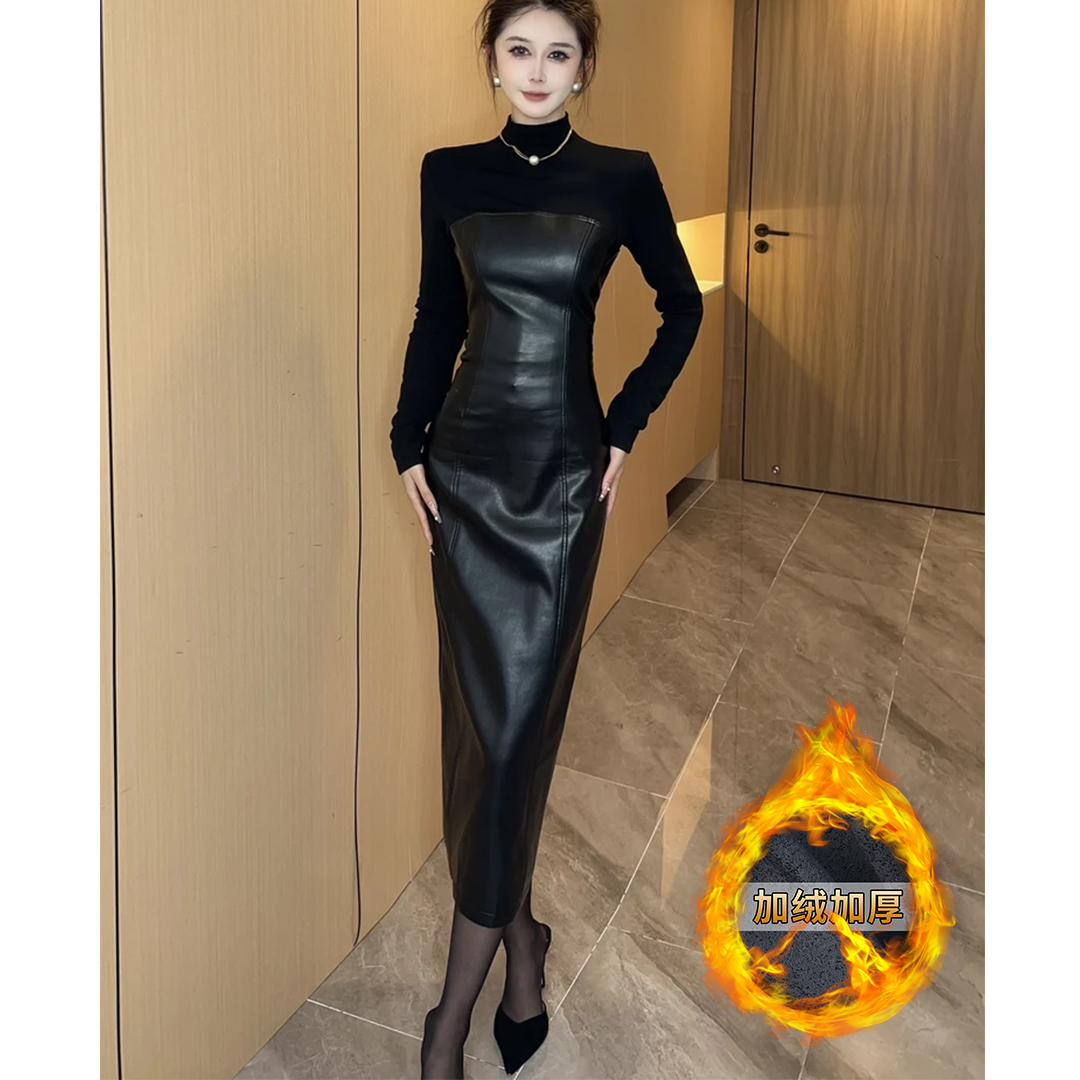 加绒加厚】冬季新款显瘦气质长袖时尚休闲百搭打底修身连衣裙3292