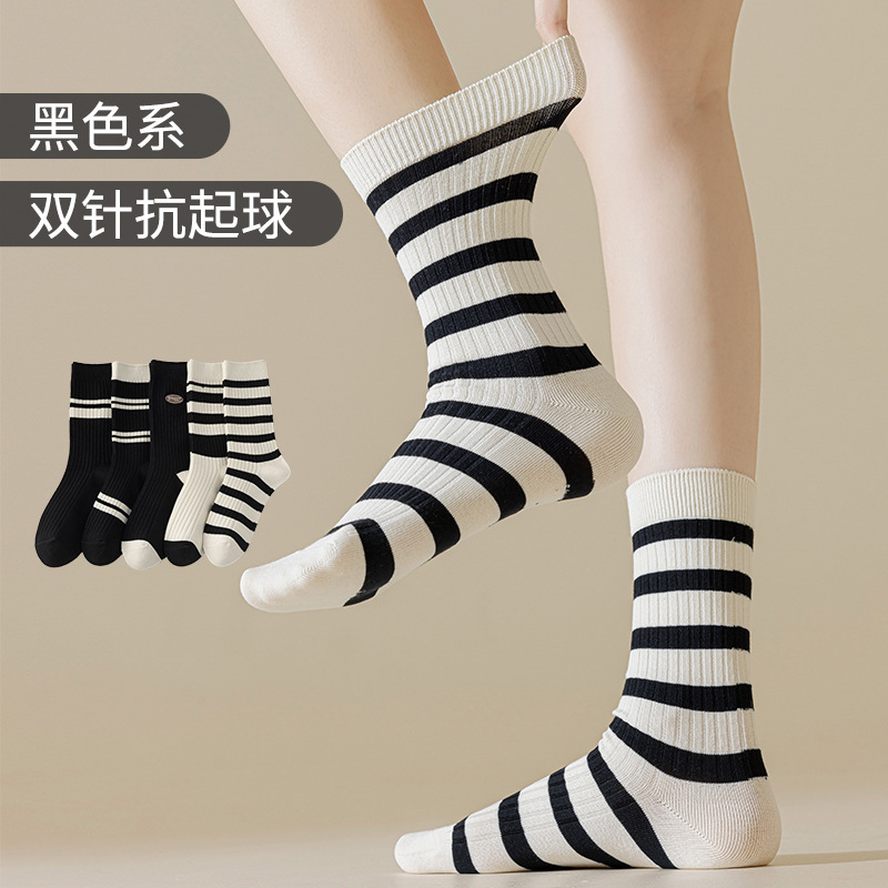 黑白袜子女中筒秋冬春秋中筒ins条纹吸汗日系运动学院堆堆长袜