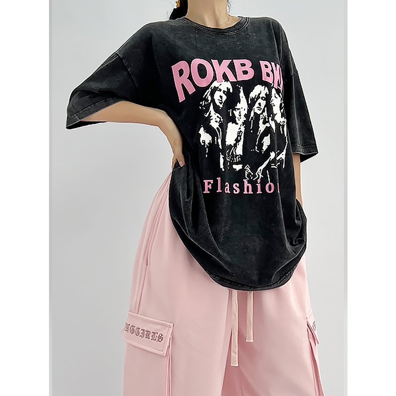 ROKBBK-K/布韩街舞嘻哈T恤女爵士舞裤女宽松黑色复古短袖hiphop潮