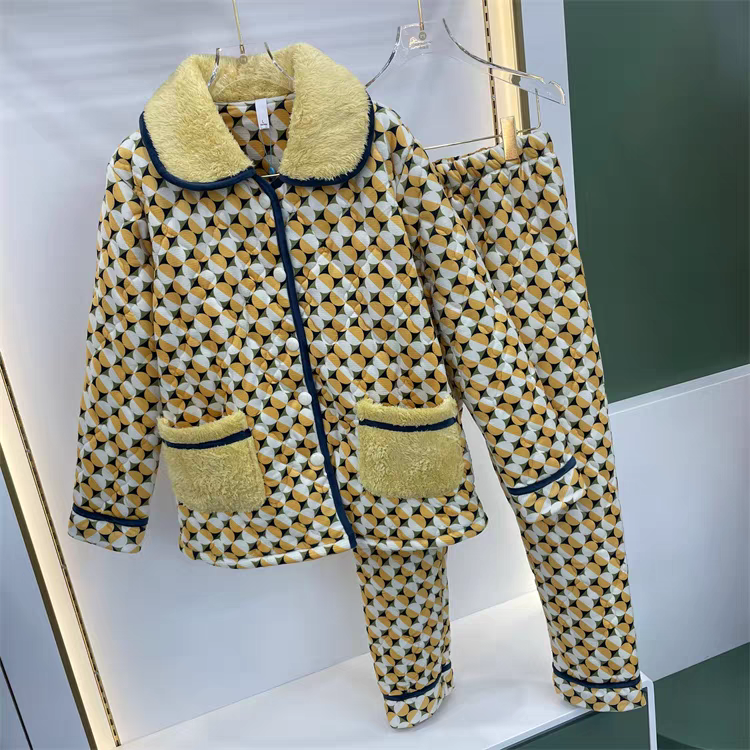 专柜同款川之藤睡衣女冬季新款玉米格夹棉加厚黄色圆点家居服8144